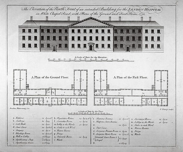 Elevation of the north front and plans of London Hospital, Whitechapel, London, 1752