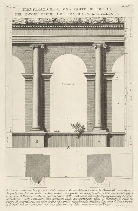Framed Print : Elevation and plan of the second-order portico at the Theater of Marcellus Framed Print : Elevation and plan of the second-order portico at the Theater of Marcellus