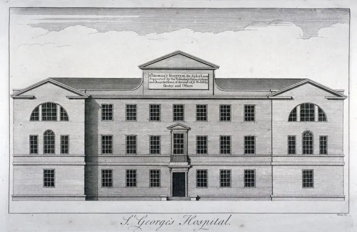 Framed Print : Front elevation of St Georges Hospital, Hyde Park Corner, Westminster, London Framed Print : Front elevation of St Georges Hospital, Hyde Park Corner, Westminster, London