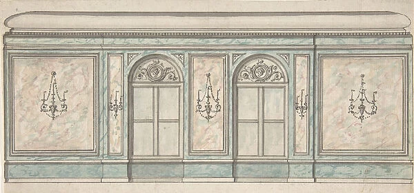 Elevation of a Wall with Two Windows and Five Wall Lights, 19th century. Creator: Anon