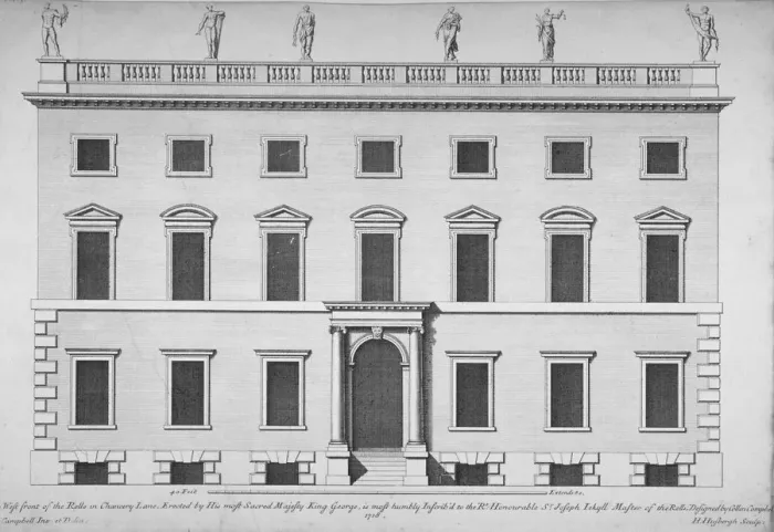 Framed Print : Elevation of the west front of the Rolls Office, Chancery Lane, City of London, 1718 Framed Print : Elevation of the west front of the Rolls Office, Chancery Lane, City of London, 1718