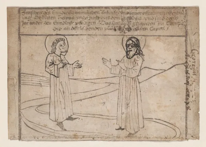 Framed Print : Elias and Enoch Descend from Heaven, from a Quindecim signa extremi judicii diem... ca. 1465-1475. Creator: Anon Framed Print : Elias and Enoch Descend from Heaven, from a Quindecim signa extremi judicii diem... ca. 1465-1475. Creator: Anon