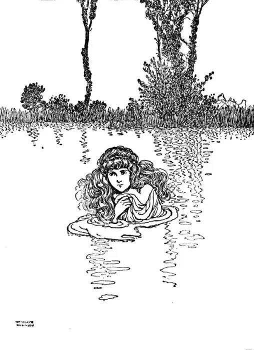 Framed Print : So Elise Took Off Her Clothes and Stepped into the Water, c1930. Artist: W Heath Robinson Framed Print : So Elise Took Off Her Clothes and Stepped into the Water, c1930. Artist: W Heath Robinson