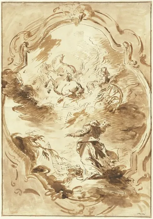 Framed Print : Elisha Watching Elijah Ascend in the Fiery Chariot, 1750 / 1755. Creator: Pietro Antonio Novelli Framed Print : Elisha Watching Elijah Ascend in the Fiery Chariot, 1750 / 1755. Creator: Pietro Antonio Novelli