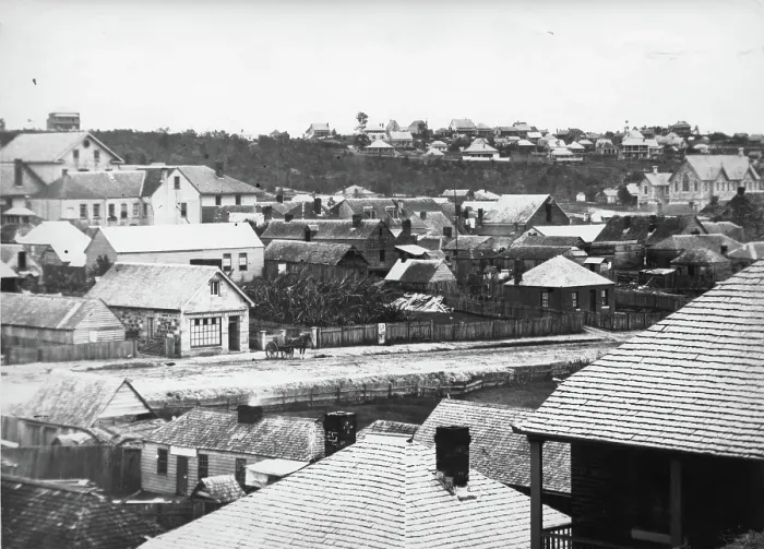 Framed Print : Elizabeth Street, Brisbane (Qld), 1863 before the 1864 fires. Creator: Unknown Framed Print : Elizabeth Street, Brisbane (Qld), 1863 before the 1864 fires. Creator: Unknown