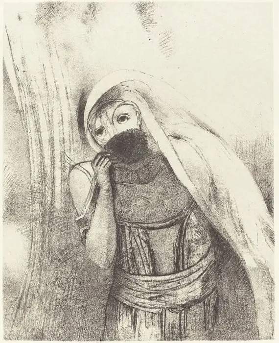 Framed Print : Elle tire de sa poitrine une eponge toute noire, la couvre de baisers (She draws from... 1896. Creator: Odilon Redon) Framed Print : Elle tire de sa poitrine une eponge toute noire, la couvre de baisers (She draws from... 1896. Creator: Odilon Redon)