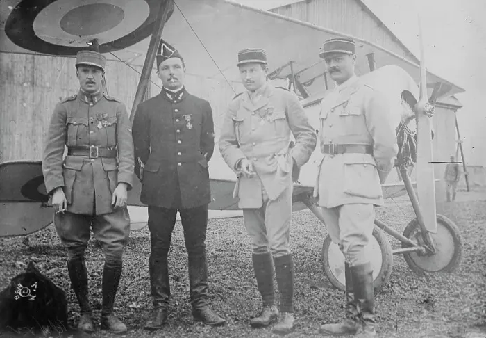 Framed Print : Elliott Cowdin, Lt. Delage, Capt. Thenault, Wm. Thaw, between c1915 and c1920. Creator: Bain News Service Framed Print : Elliott Cowdin, Lt. Delage, Capt. Thenault, Wm. Thaw, between c1915 and c1920. Creator: Bain News Service