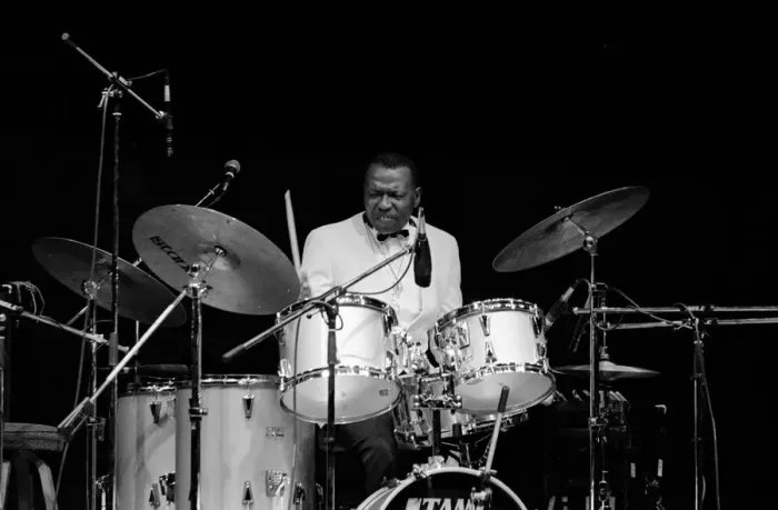 Framed Print : Elvin Jones, Fairfield Halls, Croydon, Surrey, November, 1987. Artist: Brian O Connor Framed Print : Elvin Jones, Fairfield Halls, Croydon, Surrey, November, 1987. Artist: Brian O Connor