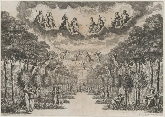 Framed Print : The Elysian Fields; set design from La Monarchia Latina Trionfante, 1678. Creator: Mathaus Küsel Framed Print : The Elysian Fields; set design from La Monarchia Latina Trionfante, 1678. Creator: Mathaus Küsel
