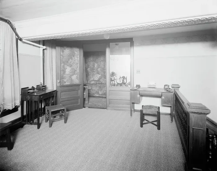 Framed Print : E.M. Bigsby Co. show rooms, private office from balcony, between 1900 and 1915. Creator: Unknown Framed Print : E.M. Bigsby Co. show rooms, private office from balcony, between 1900 and 1915. Creator: Unknown