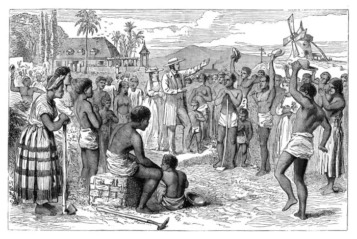 Framed Print : The emancipation of slaves on a West Indian plantation, early 19th century (c1895) Framed Print : The emancipation of slaves on a West Indian plantation, early 19th century (c1895)