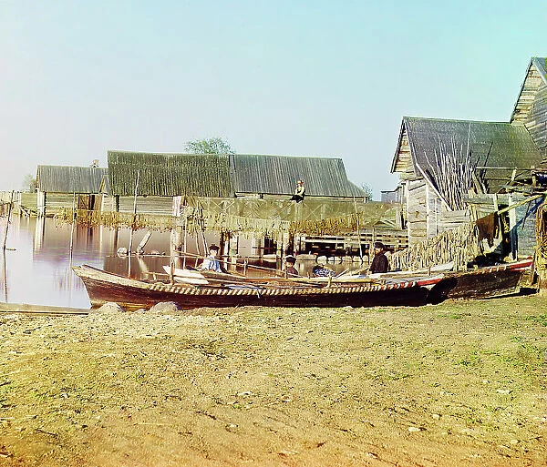 Embankment of Lake Seliger: 'Fishing settlements on Lake Seliger', 1910. Creator: Sergey Mikhaylovich Prokudin-Gorsky. Embankment of Lake Seliger: 'Fishing settlements on Lake Seliger', 1910. Creator: Sergey Mikhaylovich Prokudin-Gorsky