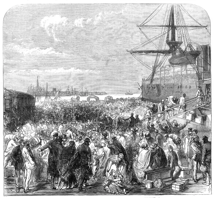 Framed Print : Embarkation of dockyard workmen as emigrants at Portsmouth, 1869. Creator: Unknown Framed Print : Embarkation of dockyard workmen as emigrants at Portsmouth, 1869. Creator: Unknown