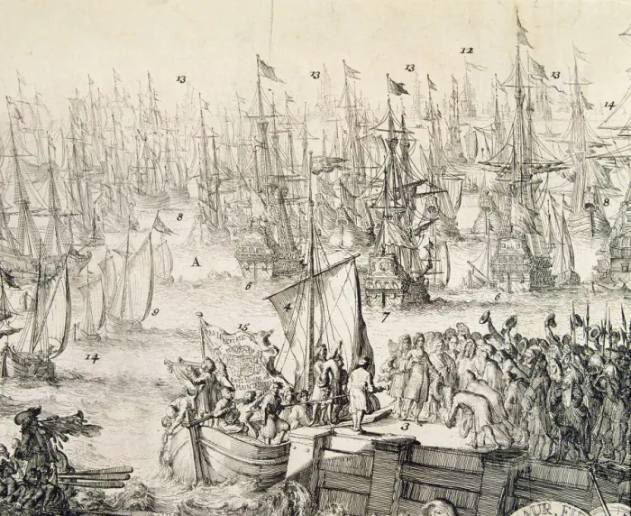 Framed Print : Embarkation to England on 11th November 1688 of William III (1650 - 1702), called Framed Print : Embarkation to England on 11th November 1688 of William III (1650 - 1702), called