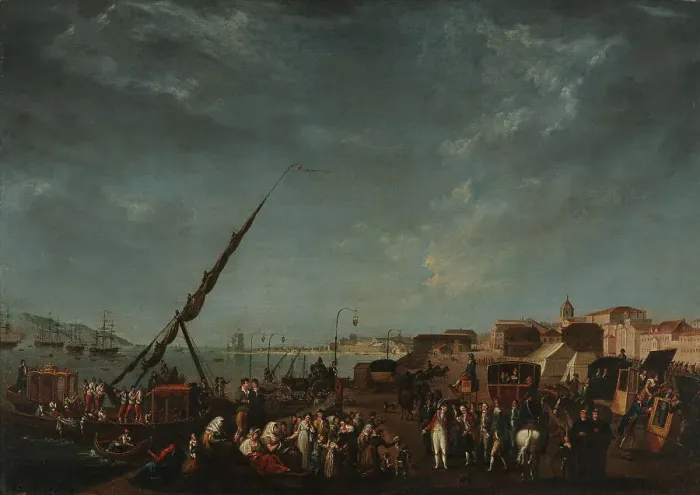 Framed Print : The Embarkation of the Portuguese Royal Family to Brazil in 1807. Creator: Delerive, Nicolas-Louis-Albert (1755-1818) Framed Print : The Embarkation of the Portuguese Royal Family to Brazil in 1807. Creator: Delerive, Nicolas-Louis-Albert (1755-1818)