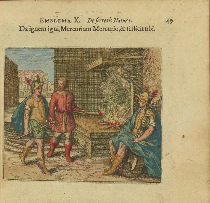Framed Print : Emblem 10. Give fire to fire, Mercurius to Mercurius, and it is enough for you, 1618. Creator: Merian, Matthäus, the Elder (1593-1650) Framed Print : Emblem 10. Give fire to fire, Mercurius to Mercurius, and it is enough for you, 1618. Creator: Merian, Matthäus, the Elder (1593-1650)