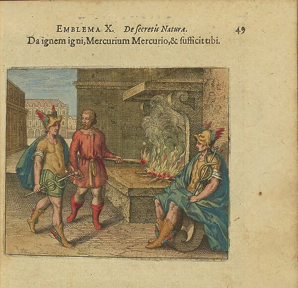 Emblem 10. Give fire to fire, Mercurius to Mercurius, and it is enough for you, 1618. Creator: Merian, Matthäus, the Elder (1593-1650)
