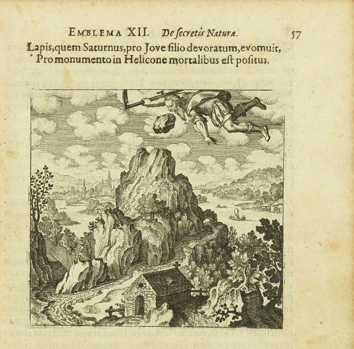 Framed Print : Emblem 12. The stone that Saturn ate and spat out before Jupiter's son is remembered... 1618. Creator: Merian, Matthäus, the Elder (1593-1650) Framed Print : Emblem 12. The stone that Saturn ate and spat out before Jupiter's son is remembered... 1618. Creator: Merian, Matthäus, the Elder (1593-1650)