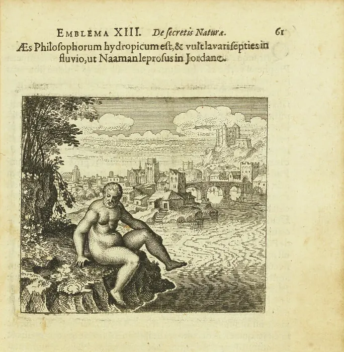 Framed Print : Emblem 13. The brass of the wise is addicted to dropsy and wants to be bathed seven times... 1618. Creator: Merian, Matthäus, the Elder (1593-1650) Framed Print : Emblem 13. The brass of the wise is addicted to dropsy and wants to be bathed seven times... 1618. Creator: Merian, Matthäus, the Elder (1593-1650)