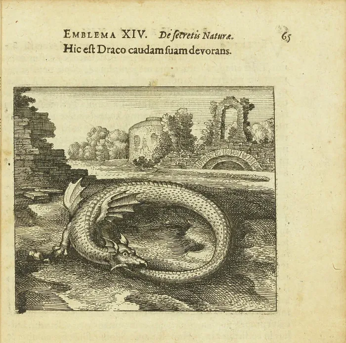 Framed Print : Emblem 14. This is the dragon eating its own tail. From Atalanta fugiens by Michael Maier, 1618. Creator: Merian, Matthäus, the Elder (1593-1650). Emblem 14. This is the dragon eating its own tail Framed Print : Emblem 14. This is the dragon eating its own tail. From Atalanta fugiens by Michael Maier, 1618. Creator: Merian, Matthäus, the Elder (1593-1650). Emblem 14. This is the dragon eating its own tail