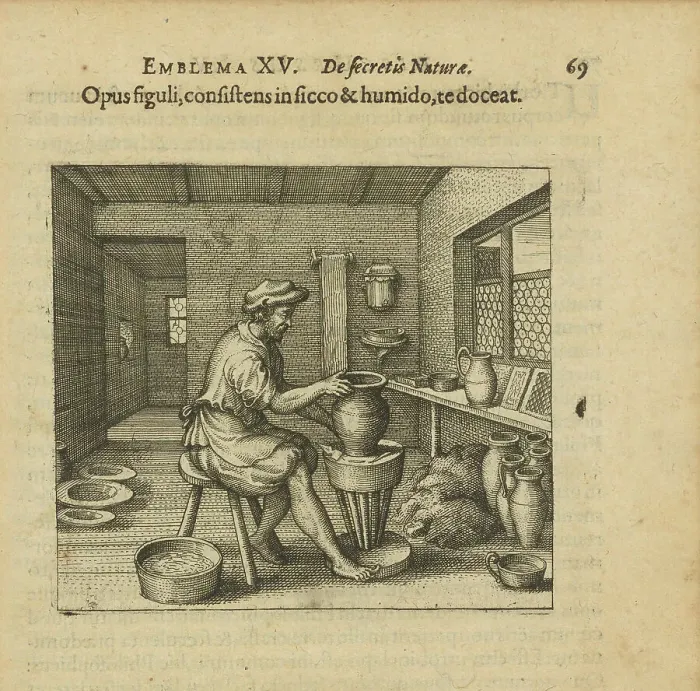 Framed Print : Emblem 15. The potter's work, consisting of dry and wet, shall teach you, 1618. Creator: Merian, Matthäus, the Elder (1593-1650) Framed Print : Emblem 15. The potter's work, consisting of dry and wet, shall teach you, 1618. Creator: Merian, Matthäus, the Elder (1593-1650)