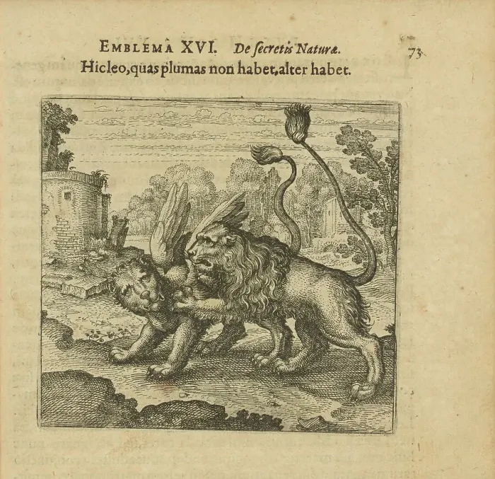 Framed Print : Emblem 16. This lion has no feathers, but that one has. From Atalanta fugiens by Michael... 1618. Creator: Merian, Matthäus, the Elder (1593-1650). Emblem 16. This lion has no feathers, but that one has Framed Print : Emblem 16. This lion has no feathers, but that one has. From Atalanta fugiens by Michael... 1618. Creator: Merian, Matthäus, the Elder (1593-1650). Emblem 16. This lion has no feathers, but that one has