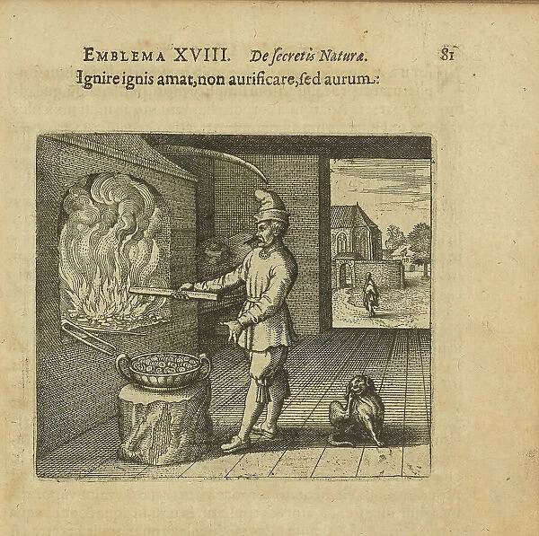 Emblem 18. Fire makes fiery, not gold, but gold. From 'Atalanta fugiens' by Michael Maier, 1618. Creator: Merian, Matthäus, the Elder (1593-1650). Emblem 18. Fire makes fiery, not gold, but gold