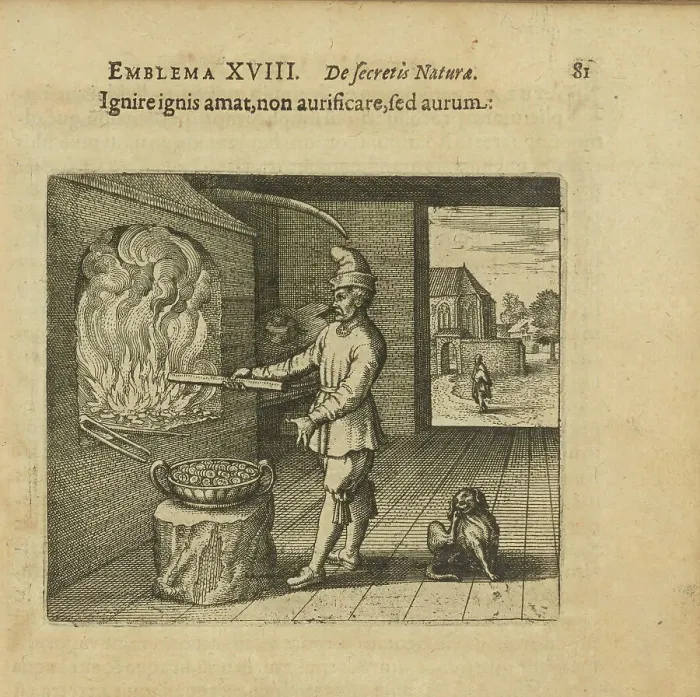Framed Print : Emblem 18. Fire makes fiery, not gold, but gold. From Atalanta fugiens by Michael Maier, 1618. Creator: Merian, Matthäus, the Elder (1593-1650). Emblem 18. Fire makes fiery, not gold, but gold Framed Print : Emblem 18. Fire makes fiery, not gold, but gold. From Atalanta fugiens by Michael Maier, 1618. Creator: Merian, Matthäus, the Elder (1593-1650). Emblem 18. Fire makes fiery, not gold, but gold
