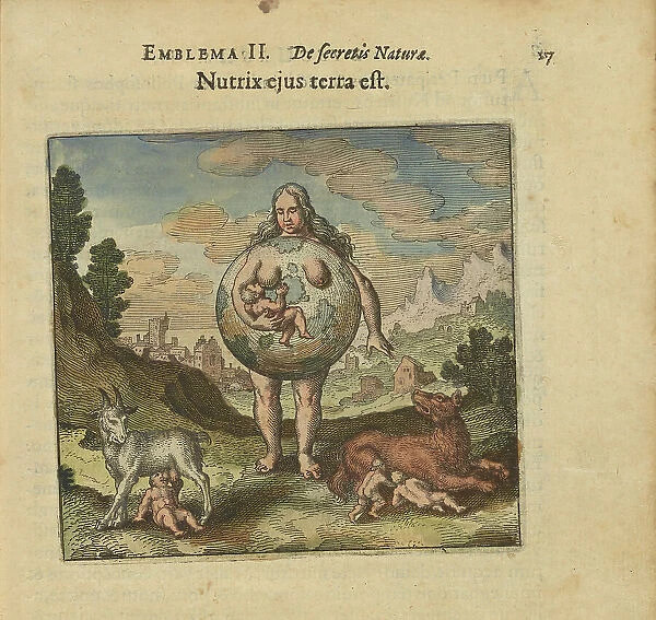Emblem 2. The earth is his wet nurse. From 'Atalanta fugiens' by Michael Maier, 1618. Creator: Merian, Matthäus, the Elder (1593-1650). Emblem 2. The earth is his wet nurse. From 'Atalanta fugiens' by Michael Maier, 1618