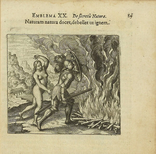 Emblem 20. Nature teaches nature to overcome fire. From 'Atalanta fugiens' by Michael Maier, 1618. Creator: Merian, Matthäus, the Elder (1593-1650). Emblem 20. Nature teaches nature to overcome fire
