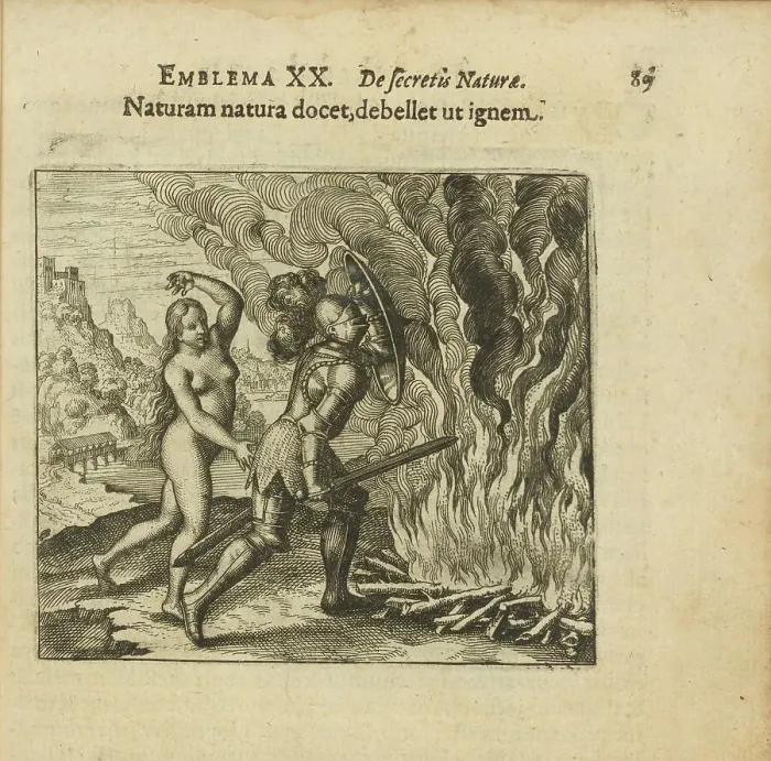 Framed Print : Emblem 20. Nature teaches nature to overcome fire. From Atalanta fugiens by Michael Maier, 1618. Creator: Merian, Matthäus, the Elder (1593-1650). Emblem 20. Nature teaches nature to overcome fire Framed Print : Emblem 20. Nature teaches nature to overcome fire. From Atalanta fugiens by Michael Maier, 1618. Creator: Merian, Matthäus, the Elder (1593-1650). Emblem 20. Nature teaches nature to overcome fire