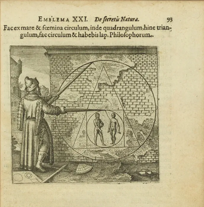 Framed Print : Emblem 21. Make a circle of man and woman, out of it a square, out of that into a triangle... 1618. Creator: Merian, Matthäus, the Elder (1593-1650) Framed Print : Emblem 21. Make a circle of man and woman, out of it a square, out of that into a triangle... 1618. Creator: Merian, Matthäus, the Elder (1593-1650)