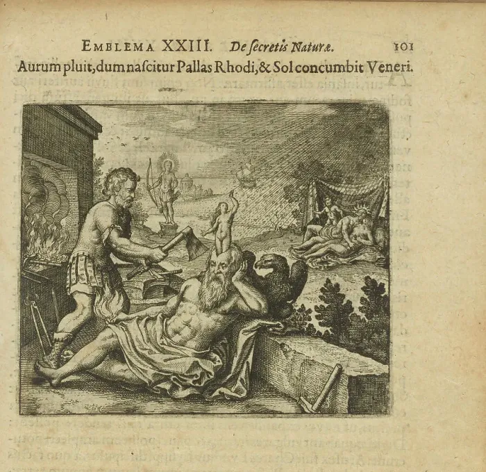 Framed Print : Emblem 23. It rains gold as Pallas is born at Rhodes and the sun is at Venus, 1618. Creator: Merian, Matthäus, the Elder (1593-1650) Framed Print : Emblem 23. It rains gold as Pallas is born at Rhodes and the sun is at Venus, 1618. Creator: Merian, Matthäus, the Elder (1593-1650)