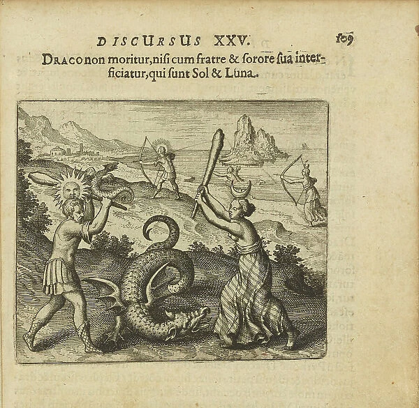 Emblem 25. The dragon does not die unless killed by his brother and sister, which are Sol..., 1618. Creator: Merian, Matthäus, the Elder (1593-1650)