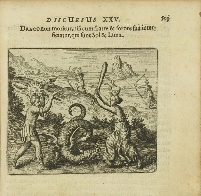 Framed Print : Emblem 25. The dragon does not die unless killed by his brother and sister, which are Sol... 1618. Creator: Merian, Matthäus, the Elder (1593-1650) Framed Print : Emblem 25. The dragon does not die unless killed by his brother and sister, which are Sol... 1618. Creator: Merian, Matthäus, the Elder (1593-1650)