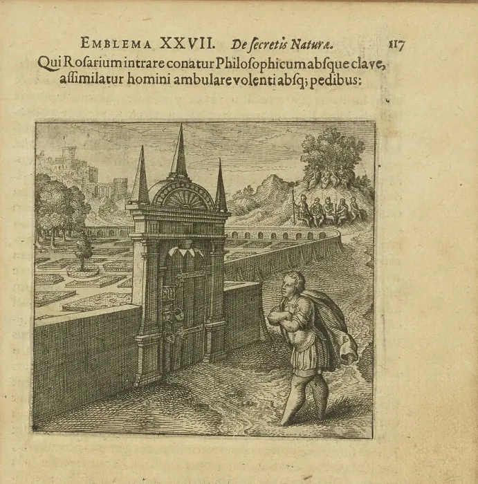Framed Print : Emblem 27. Whoever wants to go in the philosopher's rose garden without the key is like a... 1618. Creator: Merian, Matthäus, the Elder (1593-1650) Framed Print : Emblem 27. Whoever wants to go in the philosopher's rose garden without the key is like a... 1618. Creator: Merian, Matthäus, the Elder (1593-1650)