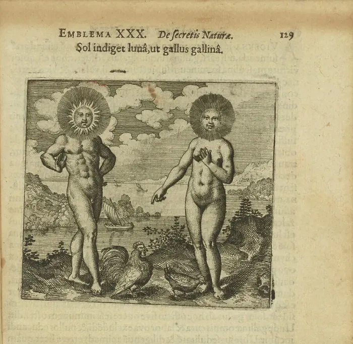 Framed Print : Emblem 30. The sun needs the moon, like the rooster needs the hens, 1618. Creator: Merian, Matthäus, the Elder (1593-1650) Framed Print : Emblem 30. The sun needs the moon, like the rooster needs the hens, 1618. Creator: Merian, Matthäus, the Elder (1593-1650)
