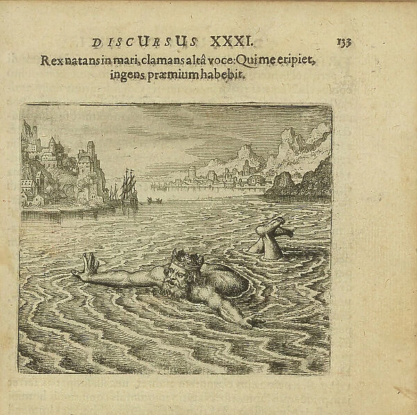 Emblem 31. The king, swimming in the sea, cries out with a loud voice: Whoever saves me..., 1816. Creator: Merian, Matthäus, the Elder (1593-1650)