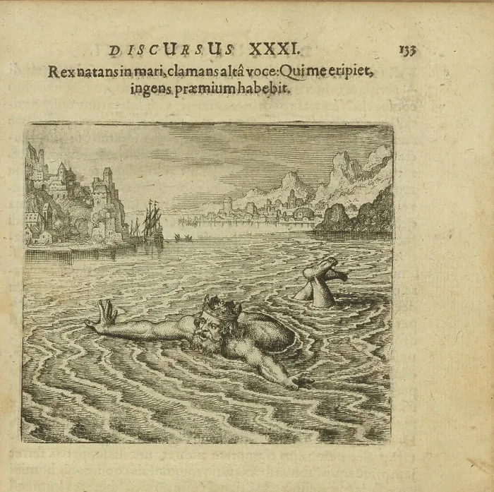 Framed Print : Emblem 31. The king, swimming in the sea, cries out with a loud voice: Whoever saves me... 1816. Creator: Merian, Matthäus, the Elder (1593-1650) Framed Print : Emblem 31. The king, swimming in the sea, cries out with a loud voice: Whoever saves me... 1816. Creator: Merian, Matthäus, the Elder (1593-1650)
