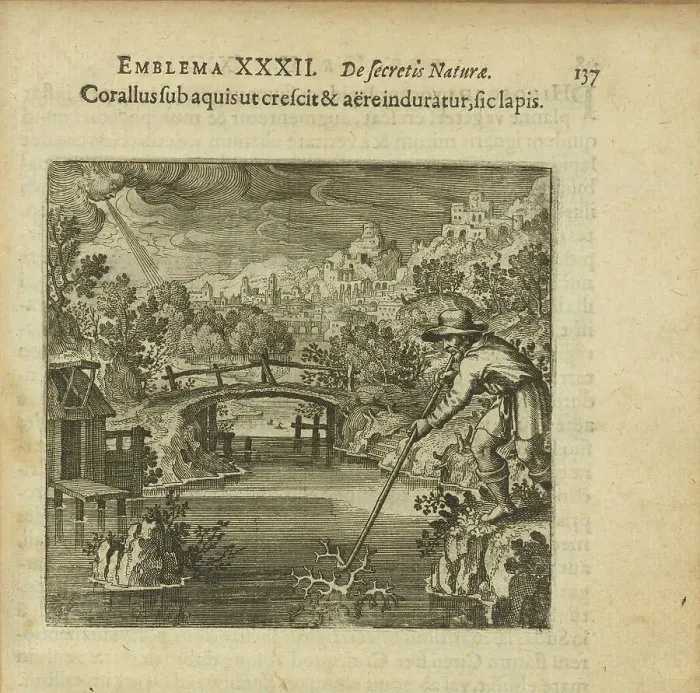 Framed Print : Emblem 32. The coral as it grows under the water and is hardened by air, so does the stone, 1816. Creator: Merian, Matthäus, the Elder (1593-1650) Framed Print : Emblem 32. The coral as it grows under the water and is hardened by air, so does the stone, 1816. Creator: Merian, Matthäus, the Elder (1593-1650)