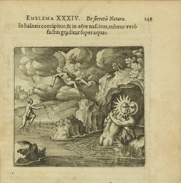 Framed Print : Emblem 34. He is conceived in a water bath and born in the air, but when he turns... 1816. Creator: Merian, Matthäus, the Elder (1593-1650) Framed Print : Emblem 34. He is conceived in a water bath and born in the air, but when he turns... 1816. Creator: Merian, Matthäus, the Elder (1593-1650)