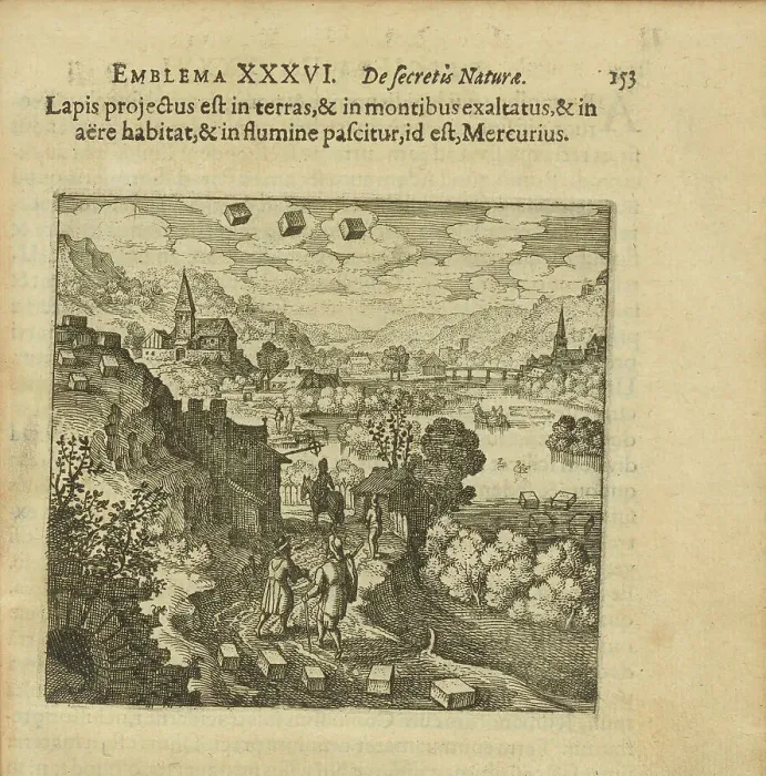 Framed Print : Emblem 36. This stone is cast on the earth and lifted up on the mountains, dwells in the air... 1816 Creator: Merian, Matthäus, the Elder (1593-1650) Framed Print : Emblem 36. This stone is cast on the earth and lifted up on the mountains, dwells in the air... 1816 Creator: Merian, Matthäus, the Elder (1593-1650)