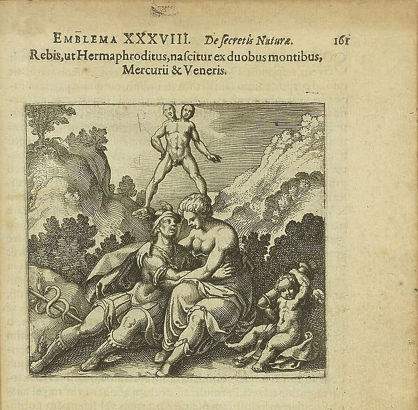 Emblem 38. The Rebis like a hermaphrodite is born from two mountains, Mercurius and Venus, 1816. Creator: Merian, Matthäus, the Elder (1593-1650)