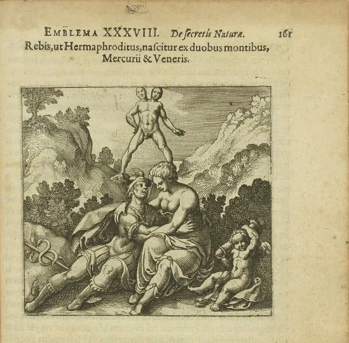 Framed Print : Emblem 38. The Rebis like a hermaphrodite is born from two mountains, Mercurius and Venus, 1816. Creator: Merian, Matthäus, the Elder (1593-1650) Framed Print : Emblem 38. The Rebis like a hermaphrodite is born from two mountains, Mercurius and Venus, 1816. Creator: Merian, Matthäus, the Elder (1593-1650)