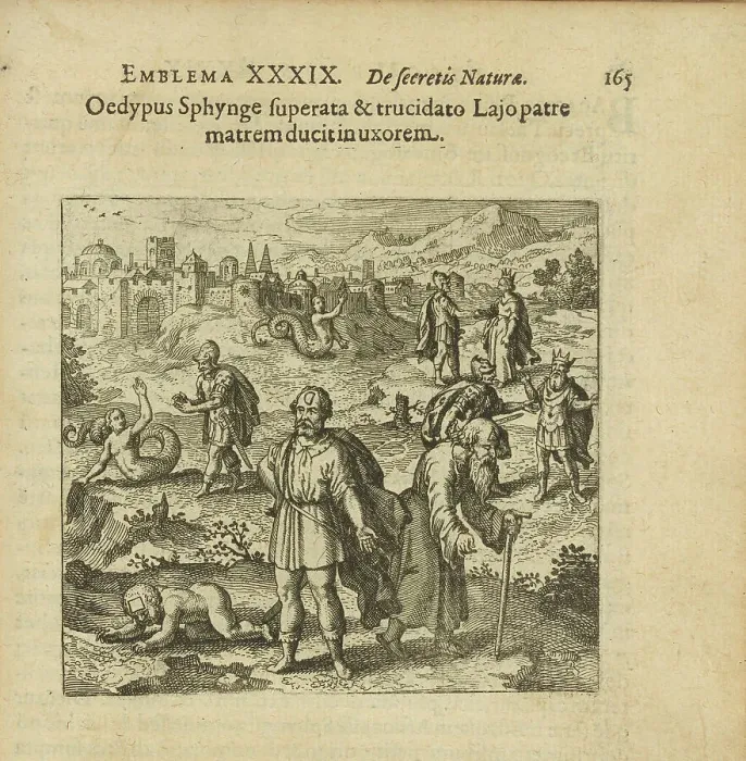 Framed Print : Emblem 39. Oedipus, after defeating the Sphynx and killing his father, takes his mother... 1816. Creator: Merian, Matthäus, the Elder (1593-1650) Framed Print : Emblem 39. Oedipus, after defeating the Sphynx and killing his father, takes his mother... 1816. Creator: Merian, Matthäus, the Elder (1593-1650)