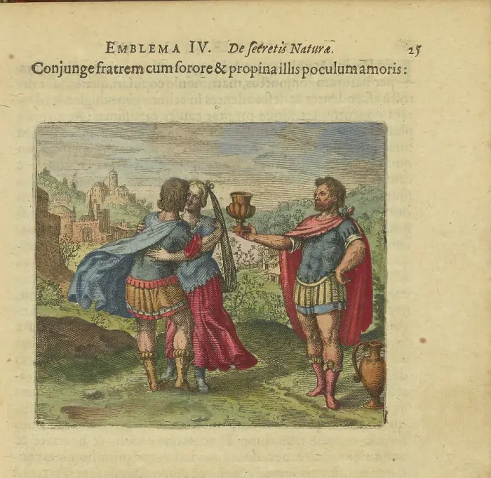 Framed Print : Emblem 4. Add the brother to the sister and give them the cup of love, 1618. Creator: Merian, Matthäus, the Elder (1593-1650) Framed Print : Emblem 4. Add the brother to the sister and give them the cup of love, 1618. Creator: Merian, Matthäus, the Elder (1593-1650)