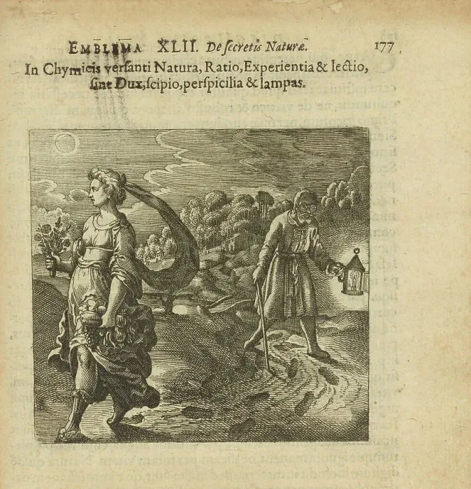 Framed Print : Emblem 42. To him who is in Chymicis be nature, reason, experience and reading... 1816. Creator: Merian, Matthäus, the Elder (1593-1650) Framed Print : Emblem 42. To him who is in Chymicis be nature, reason, experience and reading... 1816. Creator: Merian, Matthäus, the Elder (1593-1650)