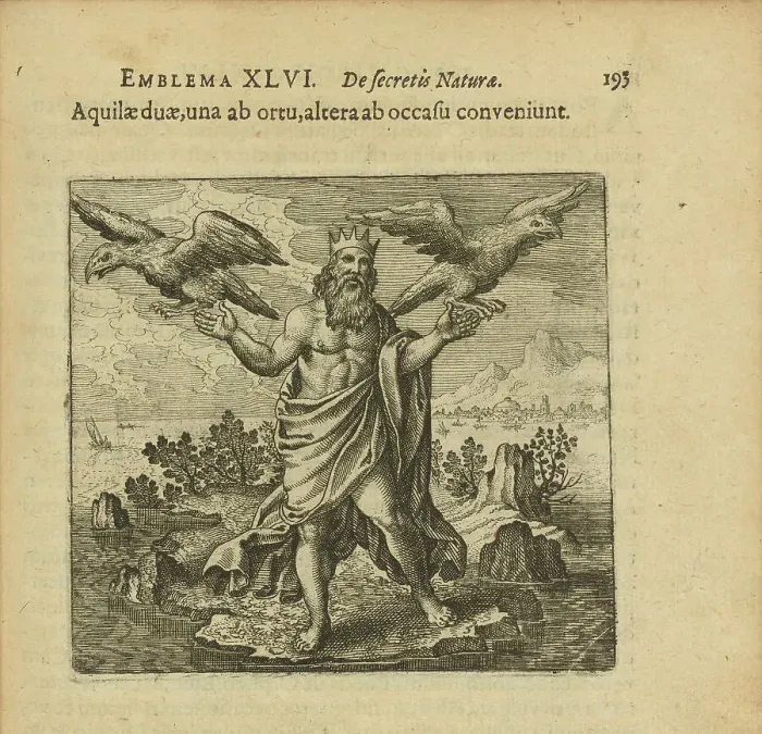 Framed Print : Emblem 46. Two eagles, one from the east, the other from the west, come together, 1816. Creator: Merian, Matthäus, the Elder (1593-1650) Framed Print : Emblem 46. Two eagles, one from the east, the other from the west, come together, 1816. Creator: Merian, Matthäus, the Elder (1593-1650)