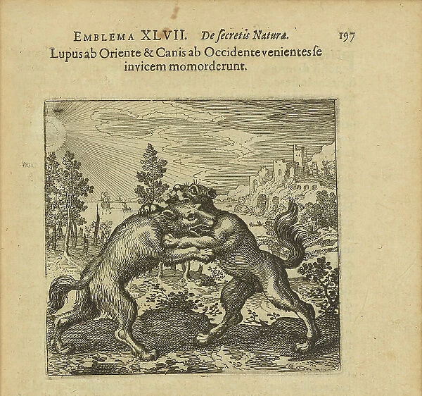 Emblem 47. The wolf coming from the staircase and the dog coming from the staircase have..., 1816. Creator: Merian, Matthäus, the Elder (1593-1650)