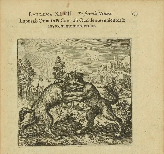 Framed Print : Emblem 47. The wolf coming from the staircase and the dog coming from the staircase have... 1816. Creator: Merian, Matthäus, the Elder (1593-1650) Framed Print : Emblem 47. The wolf coming from the staircase and the dog coming from the staircase have... 1816. Creator: Merian, Matthäus, the Elder (1593-1650)